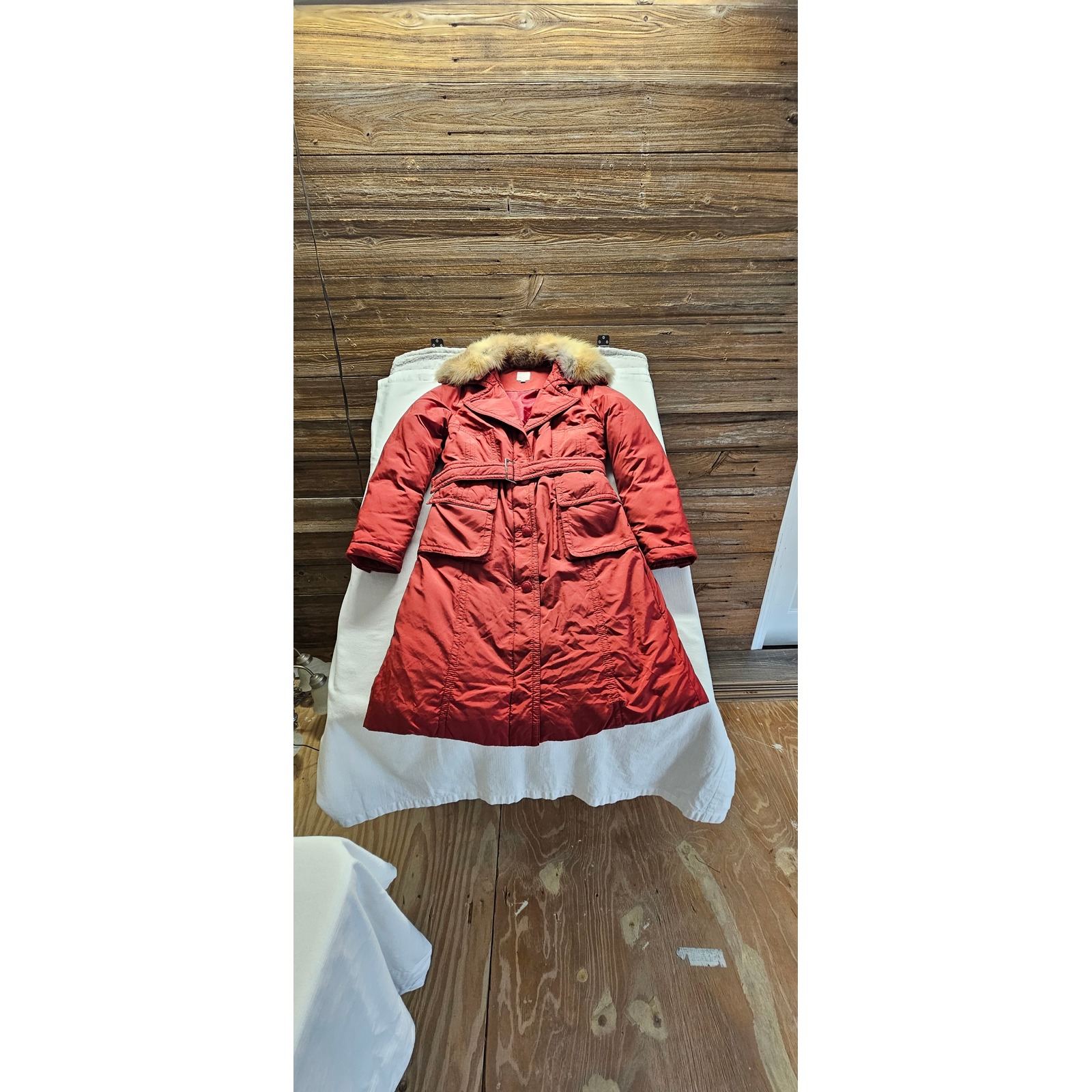 Finn Flare Red Down Puffer Coat Real Fox Fur Trim Belted Long Parka Jacket M